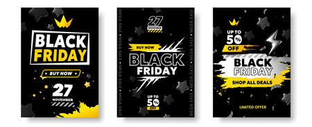 Abstract Black Friday sale retail 3d posters set, graphic template with paint splashes, bold typography text in frames, stars and lightning bolt, vector banners collection for limited November flash sale