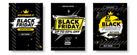 Abstract Black Friday sale retail 3d posters set, geometric shapes and frames, striped caution tape and stars, white and yellow promotion vector banners collection with typography text for limited November sale on black