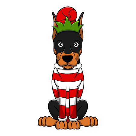 Merry Christmas Dobermann Cartoon Dog. Vector illustration of purebred Christmas dobermann dog.のイラスト素材