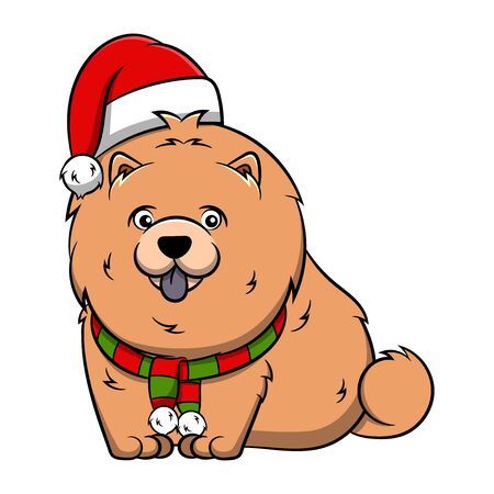 Merry Christmas Chow Chow Cartoon Dog. Vector illustration of purebred Christmas chow chow dog.のイラスト素材