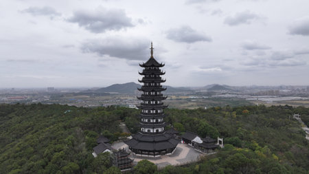 The temple at the top of Xiangshan Tourist Scenic Areaの写真素材
