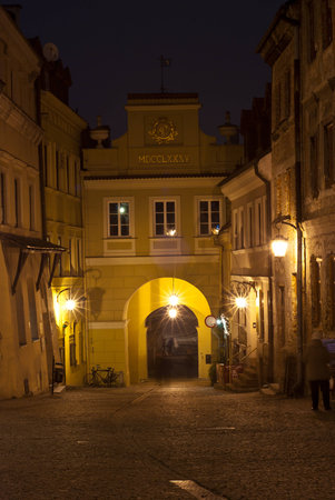 The Grodzka gate of old town in Lublin at night, Polandのeditorial素材