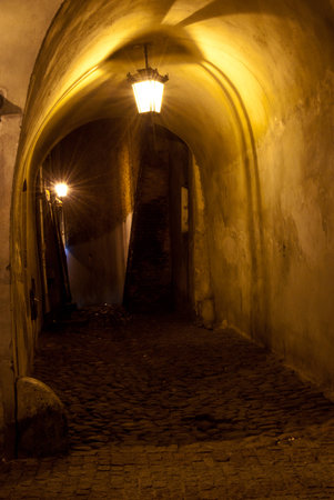 The old gate of old town in Lublin at night, Polandのeditorial素材
