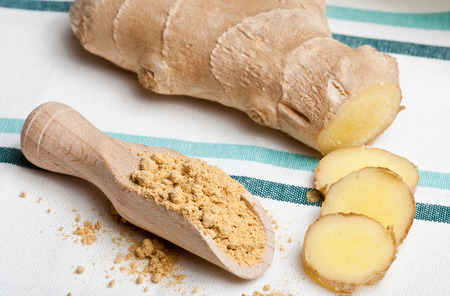 Spices. Fresh and dried ginger on a tablecloth.の写真素材