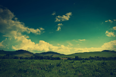 Green hills near Cerveny Klastor in Pieniny mountains, Slovakia - vintage effectの写真素材