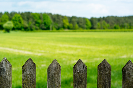 Old wood fence with a green field behind a shallow depth of fieldの写真素材