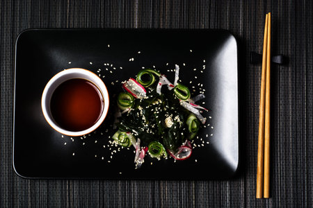 Fresh and healthy wakame seaweed salad with cucumber, sesame and radish