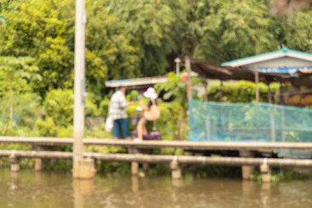 Life blurred in the community, waterfront houses with water surfaces, pipes, plaques and houses.の写真素材