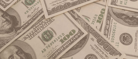 Panorama of Texture US dollars. Background of one hundred dollar bills.