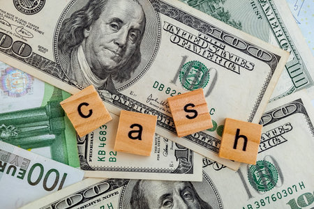 cash inscription on wooden cubes on the texture of us dollars and euro banknotes