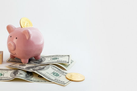 panorama Pig shaped piggy bank with bitcoin coins, hourglass, growing graph wood cubes and us...