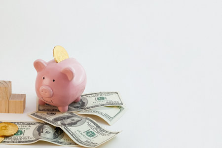 panorama Pig shaped piggy bank with bitcoin coins, hourglass, growing graph wood cubes and us...