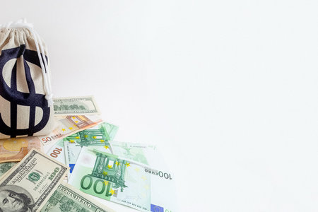 panorama pouch with dollar sign on us dollar and euro banknotes