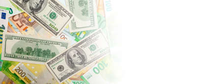 panorama of texture made from US and Euro banknotesの写真素材