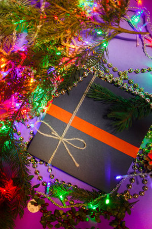 Christmas mockup for postcard with dry fruits, craft paper, gift box, handmade christmas toys