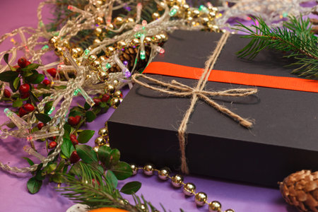 Christmas mockup for postcard with dry fruits, craft paper, gift box, handmade christmas toys