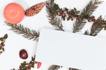 Christmas mockup for postcard with dry fruits, craft paper, gift box, handmade Christmas toys