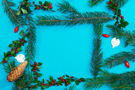 Christmas mockup for postcard with dry fruits, craft paper, gift box, handmade christmas toys