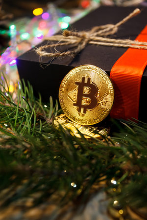Christmas bitcoin garland gifts and fir branchesの写真素材