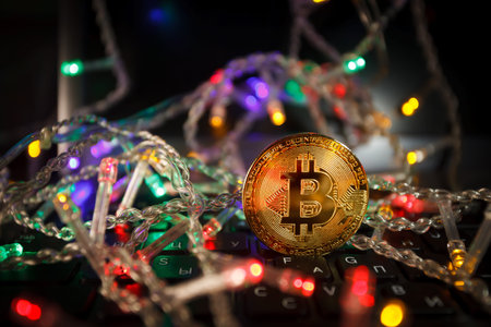 Christmas bitcoin garland gifts and fir branches
