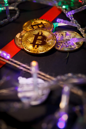 Christmas bitcoin garland gifts and fir branches