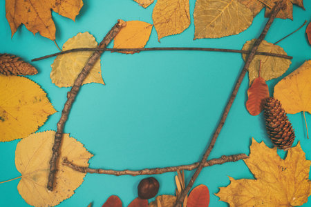 Autumn mockup with yellow, red leaves. Fir cones and a white sheet of paper for the inscription.