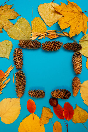 Autumn mockup with yellow, red leaves. Fir cones and a white sheet of paper for the inscription.