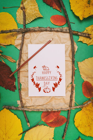 Thanksgiving day mockup template with yellow leaves and frame