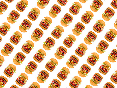 burger fast food on plates on white background texture, pattern,の写真素材