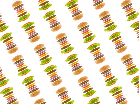 burger fast food on plates on white background texture, pattern,の写真素材