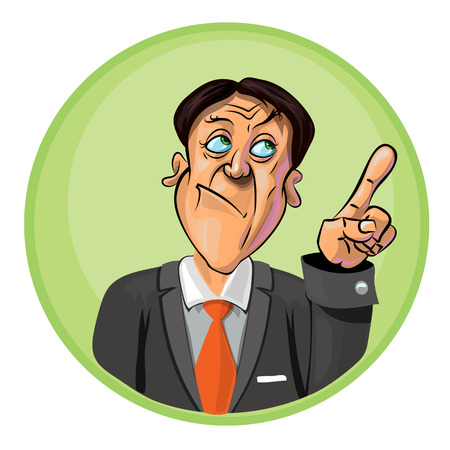 Vector illustration of an office worker or businessman holding his index finger up symbolizing new idea. Can be used as an advertisement.  Made in comic cartoon style.のイラスト素材