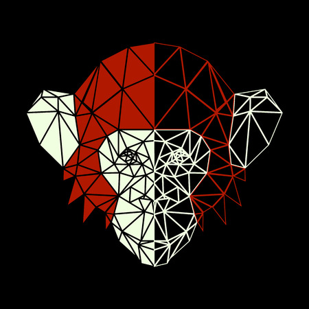 Vector symmetrical illustration of a chimpanzee monkey. Red and white on a black background. Made in low poly triangular style.のイラスト素材