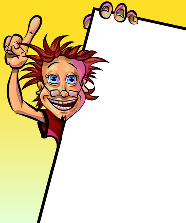 Funny vector illustration of smiling man holding blank poster and showing his index finger. May be used as an advertisement. Made in comic cartoon style.のイラスト素材