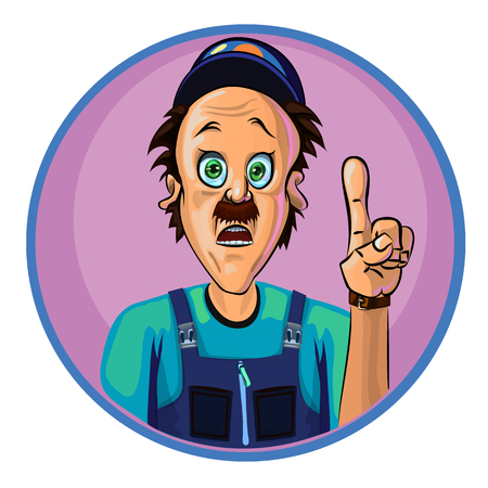 Vector illustration of a workman holding his index finger up â the gesture of attention.  Made in comic cartoon style.のイラスト素材