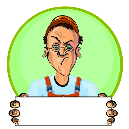 Vector illustration of a workman holding blank poster. Can be used an advertisement. Made in comic cartoon style.のイラスト素材