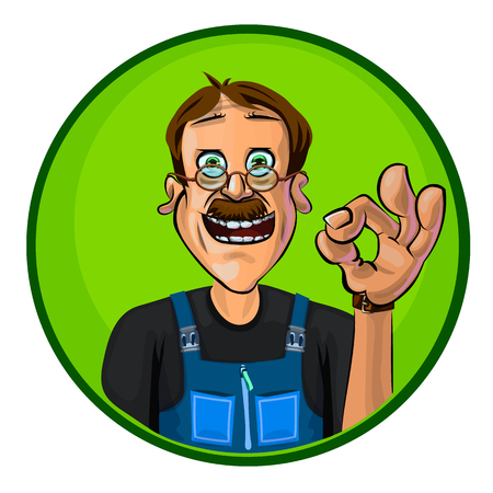 Vector illustration of a workman showing OK gesture. Made in comic cartoon style.のイラスト素材
