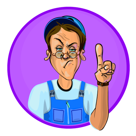 Vector illustration of serious workman holding his index finger up â the gesture of attention.  Made in comic cartoon style.のイラスト素材