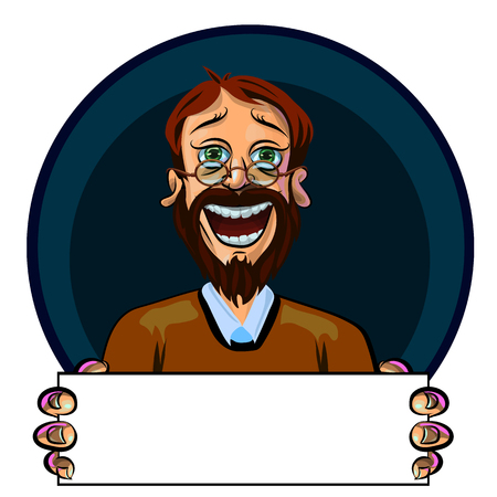 Funny vector illustration of smiling young man holding blank poster in his hands. Can be used as an advertisement. Made in comic cartoon style.のイラスト素材