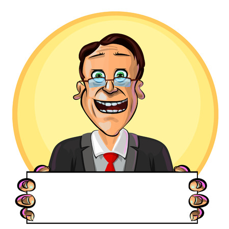 Vector illustration of an office worker or businessman holding blank poster in his hands. Can be used as an advertisement.  Made in comic cartoon style.のイラスト素材