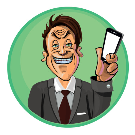 Vector image of an office worker holding a smartphone in his hand. Made in comic cartoon style.のイラスト素材