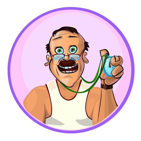 Vector image of smiling trainer holding a timer in his hand.  Made in comic cartoon style.のイラスト素材