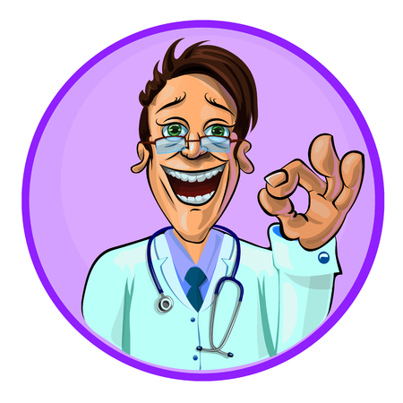 Vector illustration of a doctor showing OK gesture. Can be used as an advertisement.  Made in comic cartoon style.のイラスト素材