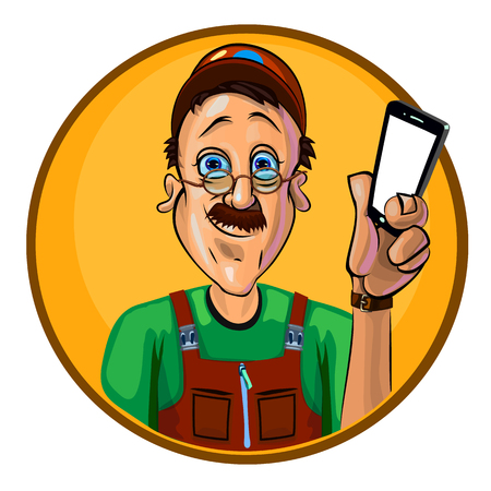 Vector image of a workman holding a smartphone in his hand. Made in comic cartoon style.のイラスト素材