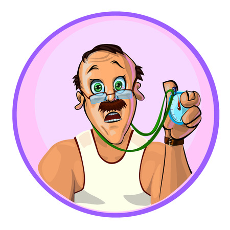 Vector image of astonished trainer holding a timer in his hand.  Made in comic cartoon style.のイラスト素材