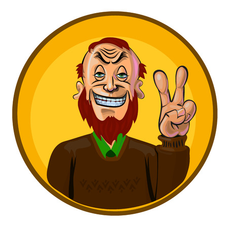 Funny vector illustration of smiling man showing V sign. Made in comic cartoon style.のイラスト素材