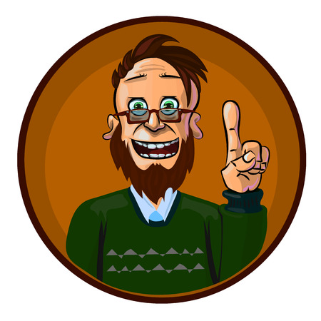 Funny vector illustration of smiling young man showing his index finger as a symbol of new idea. Made in comic cartoon style.のイラスト素材