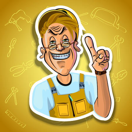 Vector image of smiling workman holding his index finger up - sign of attention. Gradient background with the images of different tools. Made in comic cartoon style.の写真素材