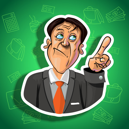 Vector illustration of thoughtful businessman holding his index finger up - sign of attention. Gradient background with the office accessories.  Made in comic cartoon style.の写真素材