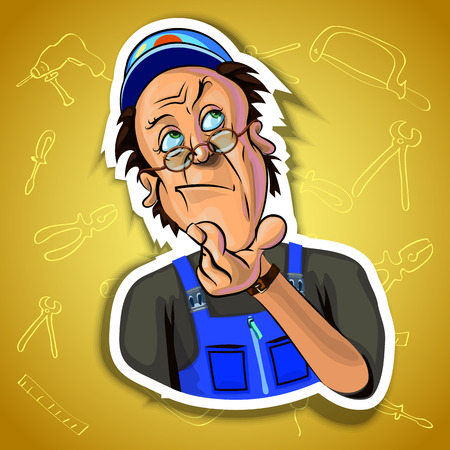 Vector illustration of thoughtful workman. Gradient background with the images of different tools. Made in comic cartoon style.の写真素材