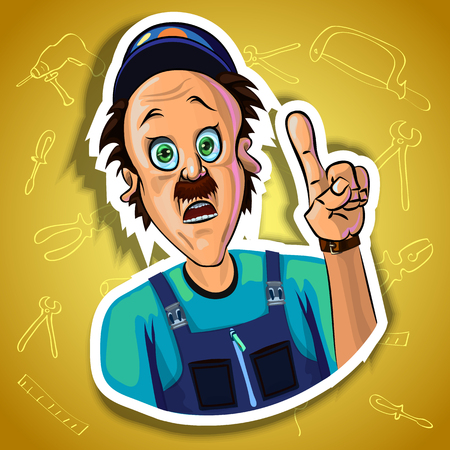 Vector image of astonished workman holding his index finger up - sign of attention. Gradient background with the images of different tools. Made in comic cartoon style.の写真素材